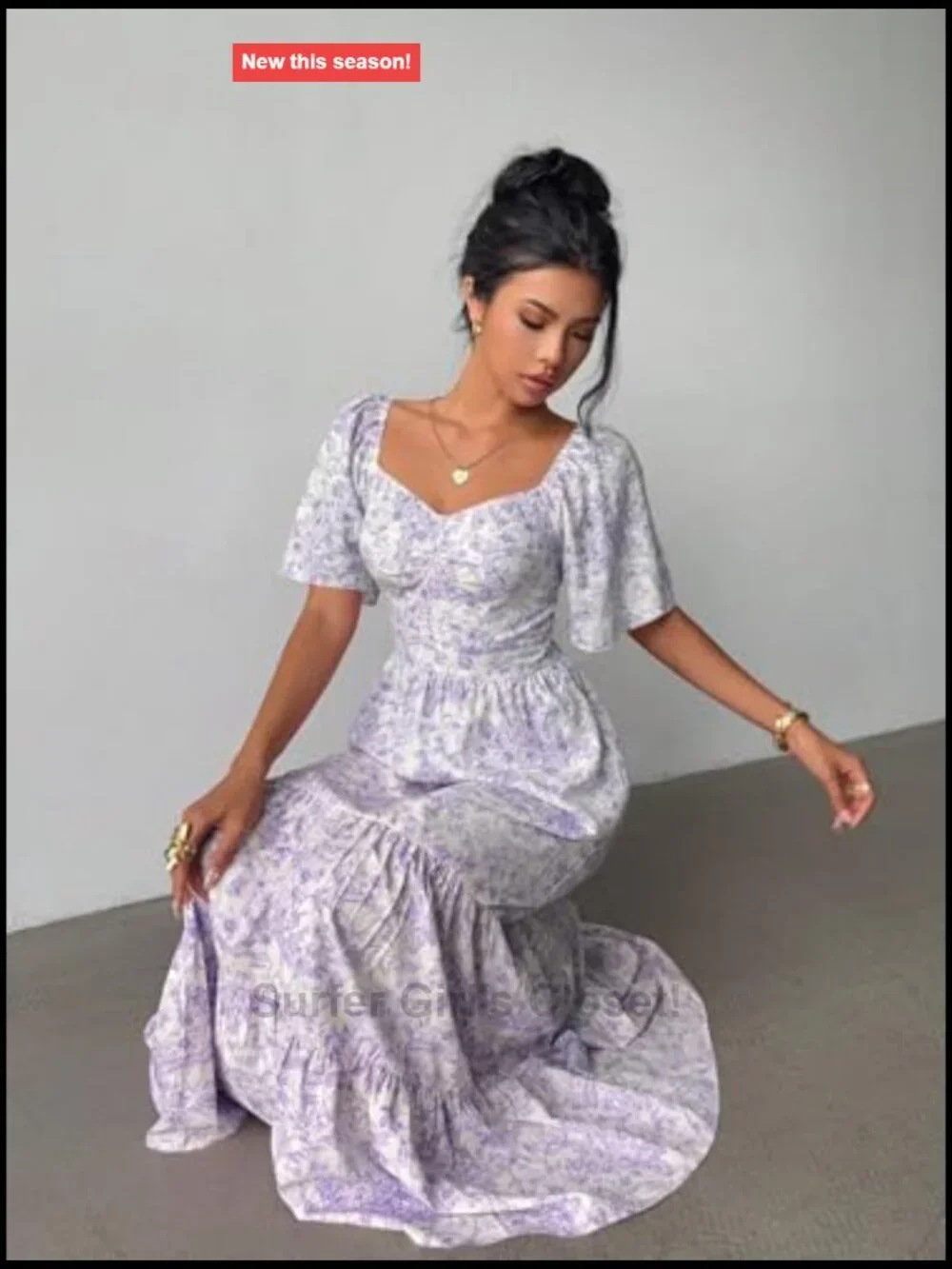 Women's Floral Maxi Dress Square Neck Puff Short Sleeve Boho Tiered High Waist